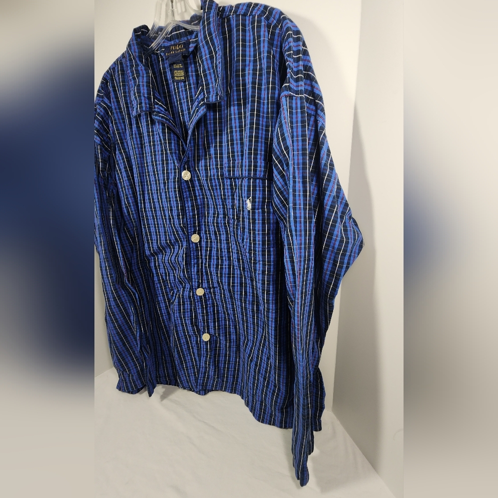 VINTAGE  Polo Ralph Lauren  Men's Pajama Top Plaid Size Extra Large Blue - Picture 2 of 10